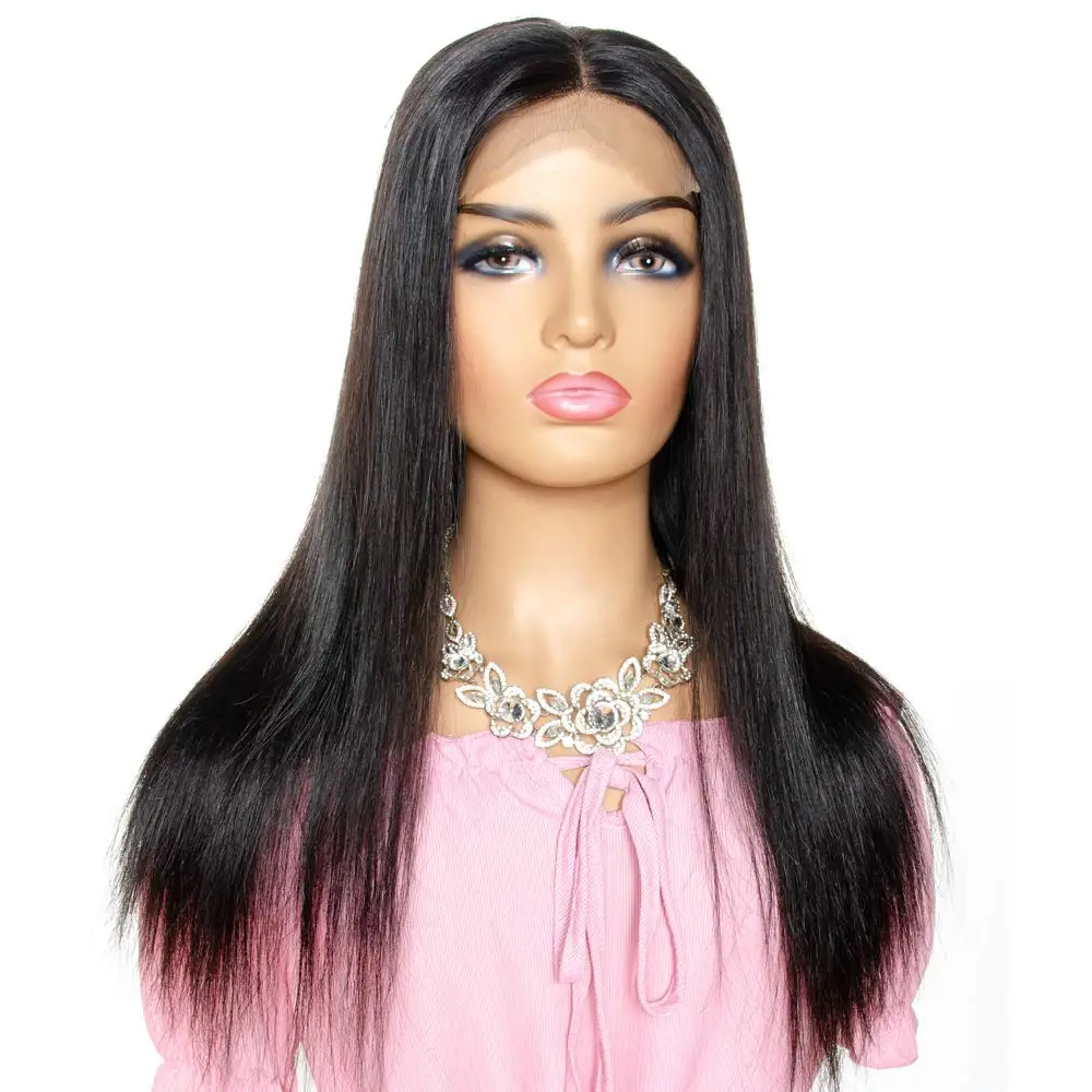 

Ainizi natural black long straight closure wig human hair 4x4 inches lace front wig for black women