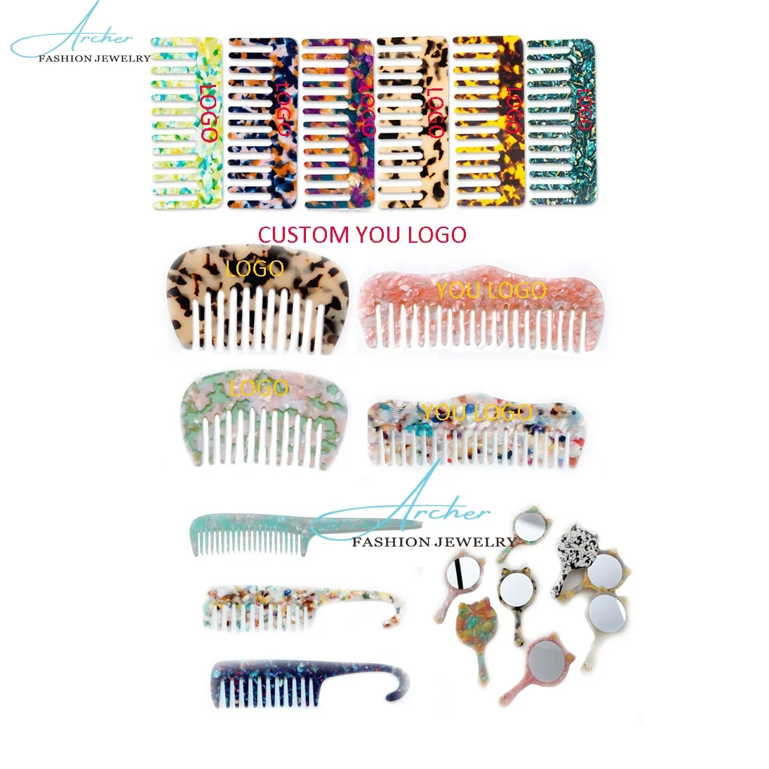 

2024 factory wholesale 4MM thickness custom logo size koran hair curls shower combs top quality beauty acetate acrylic hair comb