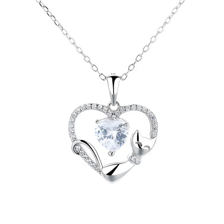 

Fashion Heart Shaped Diamond Fox Pendant 925 Sterling Silver Necklace Jewelry