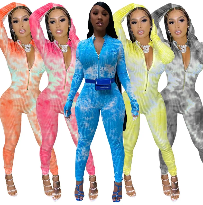 

Winter jumpsuits women 2020 Tie dye zipper slim fit fitness workout long sleeve jumpsuit