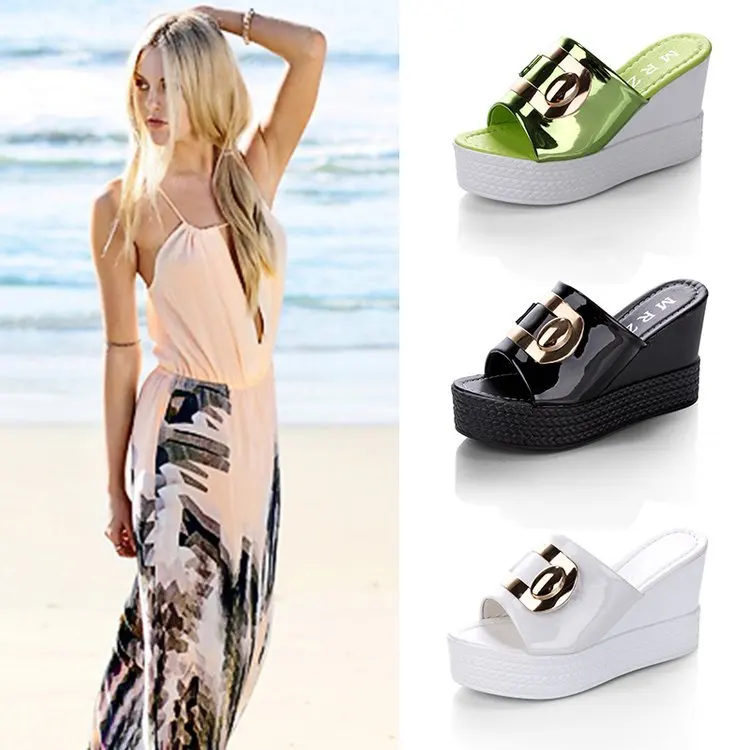 

2021 Summer Ladies New Sandals Fashion Bright Leather Metal Fish Mouth Wedges Platform Slippers for Women, 3 colors