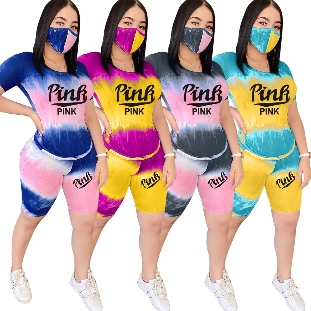 

gradient color fashion logo printed women summer shorts with mask new arrive sports outfit summer two piece set, Custom choose