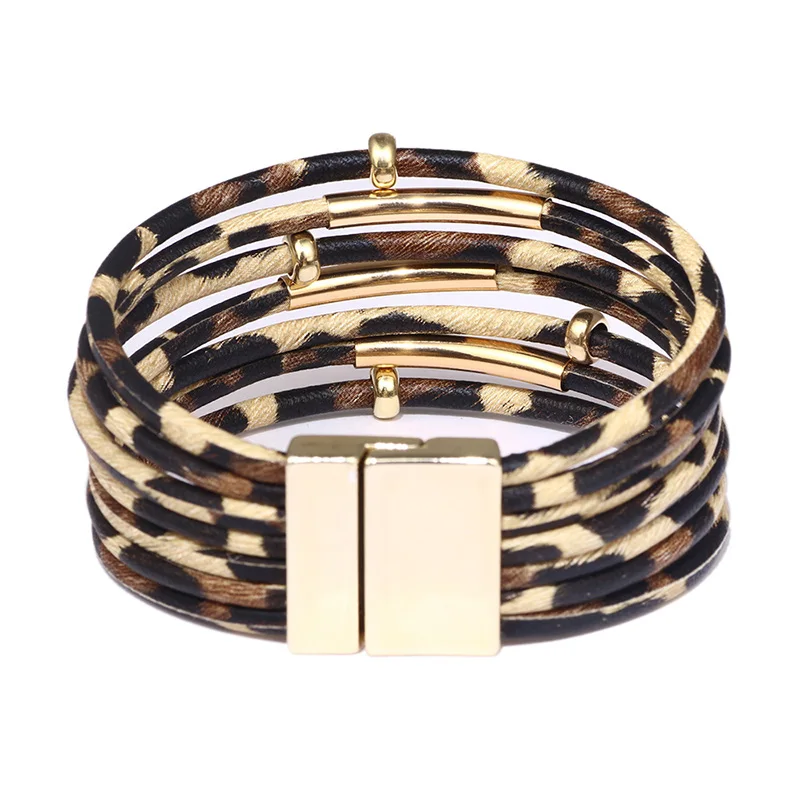 

Personality Handmade Elegant Wide Magnetic Clasp Girls Womens Leather Bracelet Cuff, Brown, black, white
