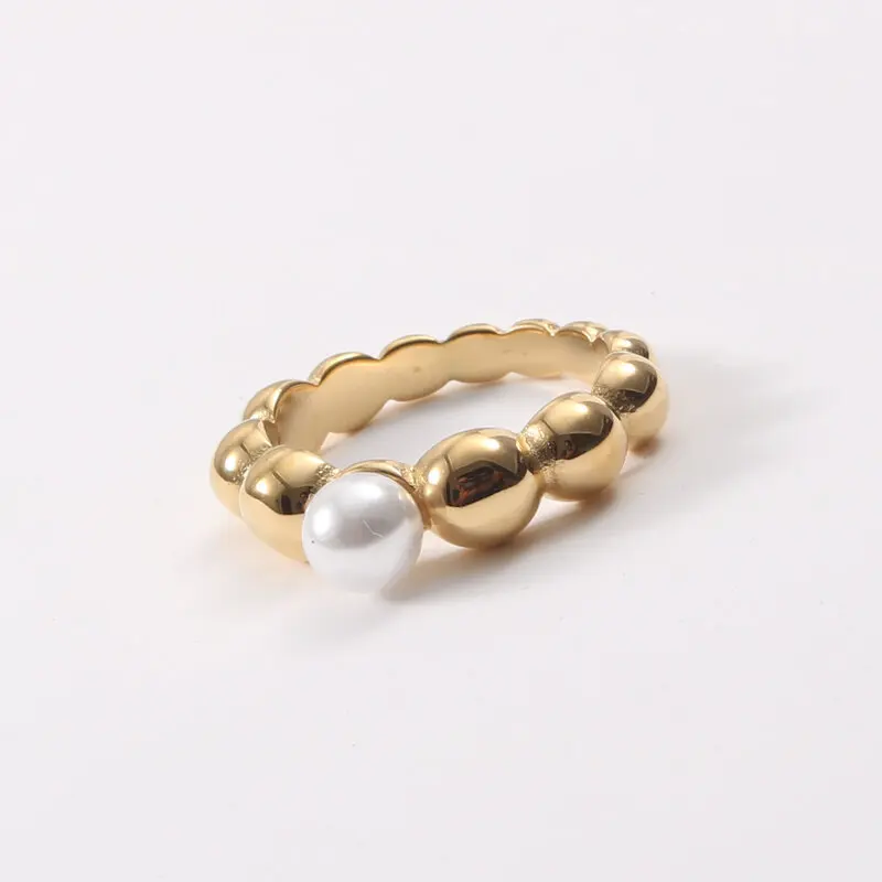 High End 18K Gold Plated One Pearl Bead Rings Stainless Steel Jewelry Trendy Finger Ring