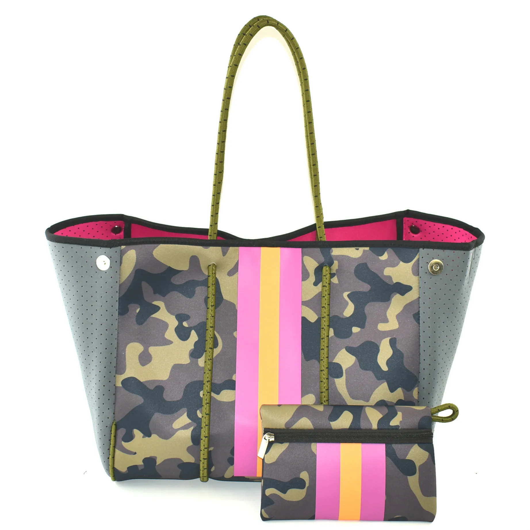 

Eson 2021 Trendy Fashion Beach Handbag Camo And Coral/Peach Stripe Tote Shoulder Neoprene Bag Large 2021 With Pouch E013-12, Camouflage
