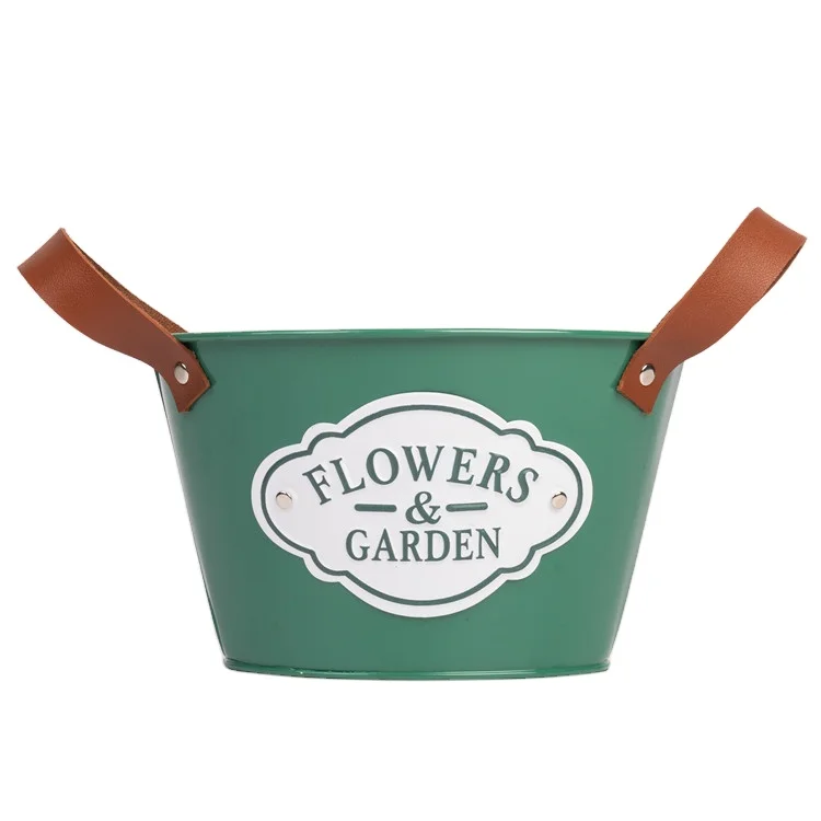 

Vintage Style Metal Bucket FLOWER POT With Leather Handles