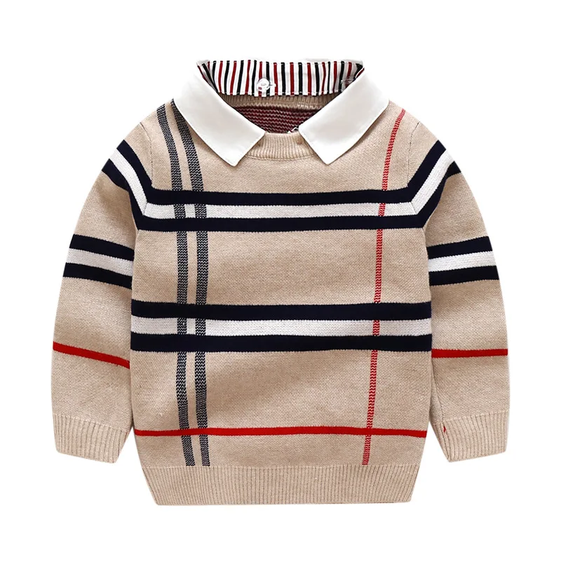 

IHJ97 Autumn children's clothing baby boys stylish plaid jacquard detachable shirt collar pullover sweaters, Customized color