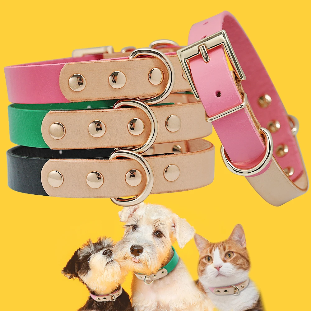 

Cute Leather Dog Collar Colored Pet Collars for Small Medium Dogs Cats Chihuahua Pitbull Genuine Leather Collars Red Green Black