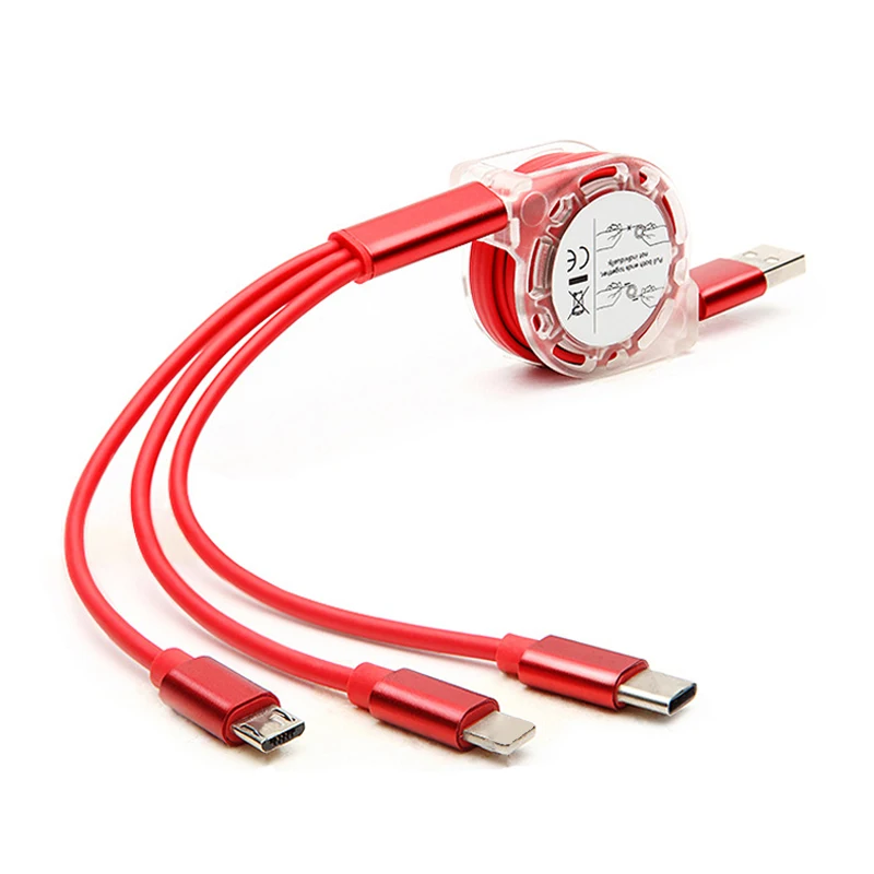 

TPE Telescopic 3 in1 hidden retractable Usb Charging Cable 2.1A Mirco Type C 8 pin For Android Samsung Huawei Mobile Phone, Red/ yellow /gold/rose gold