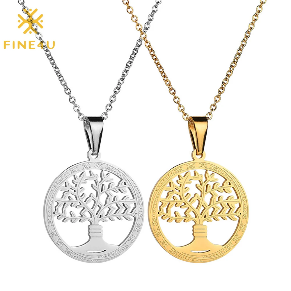 

Wholesale fashion jewelry hollow round coin pendant stainless steel gold plated tree of life necklace, Gold/steel