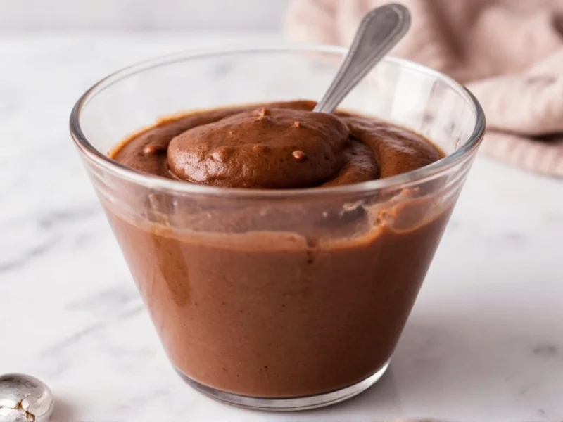 Homemade chocolate pudding in glass bowl with spoon
