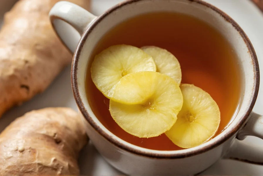 Properly prepared ginger tea in a ceramic cup with fresh ginger slices