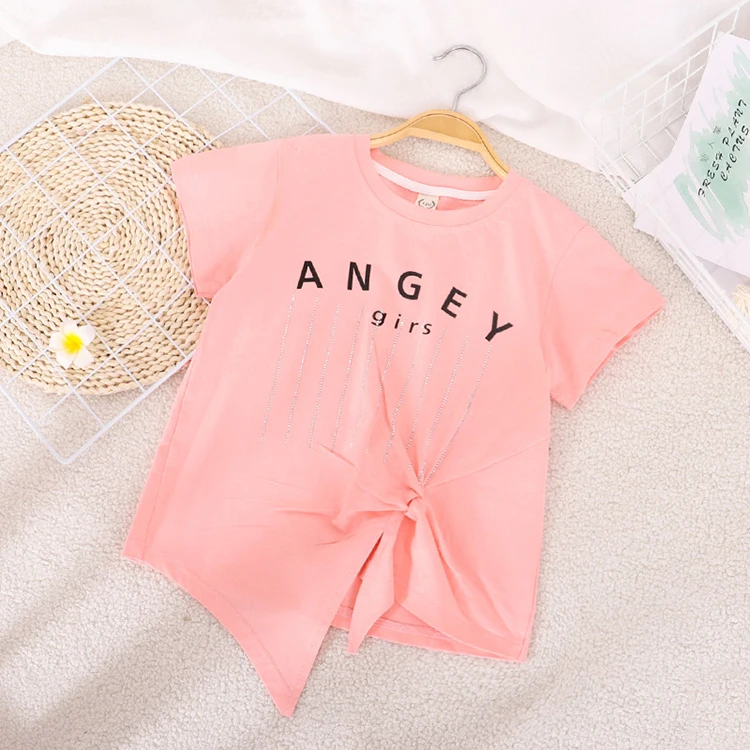 

Cute Pink Kids Clothes New Style Pattern Design Knitted Uneven Hem Girls T Shirts With Knot, Pink, peach,yellow