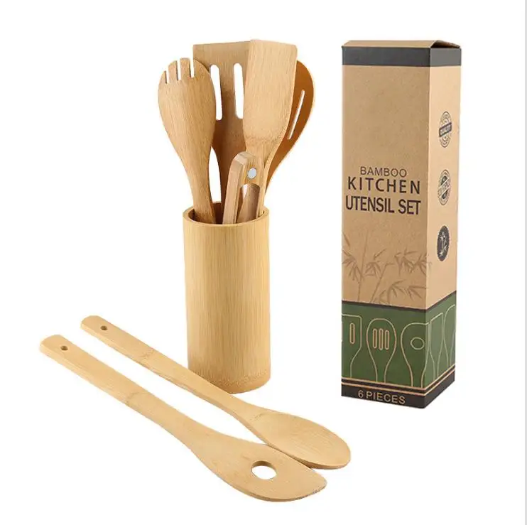 

Amazon hot sale eco friendly custom logo 8 pieces kitchen cooking utensils bamboo spatula set with gift box, Natural color