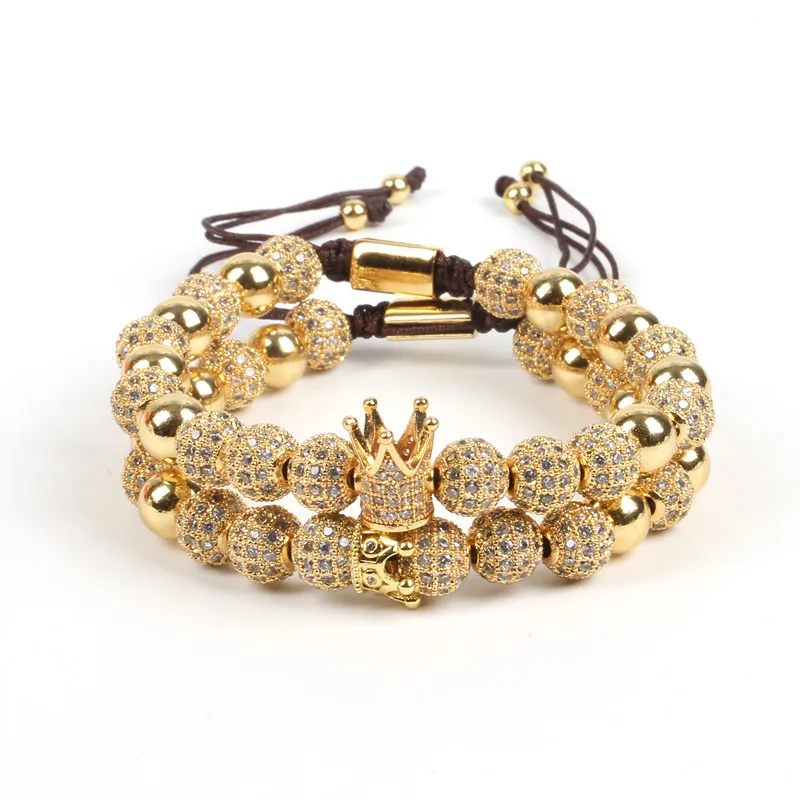 

European Hot Selling Luxury Adjustable Men's 2Pcs/Set 18K Gold Copper Bead CZ Balls Royal Crown Braiding Bracelet Set