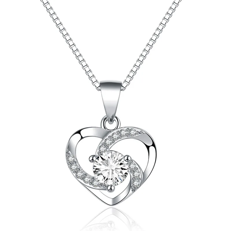 

romantic heart necklace 925 sterling silver danity blue diamond clavicle chain hollow heart pendant for mother day, White gold
