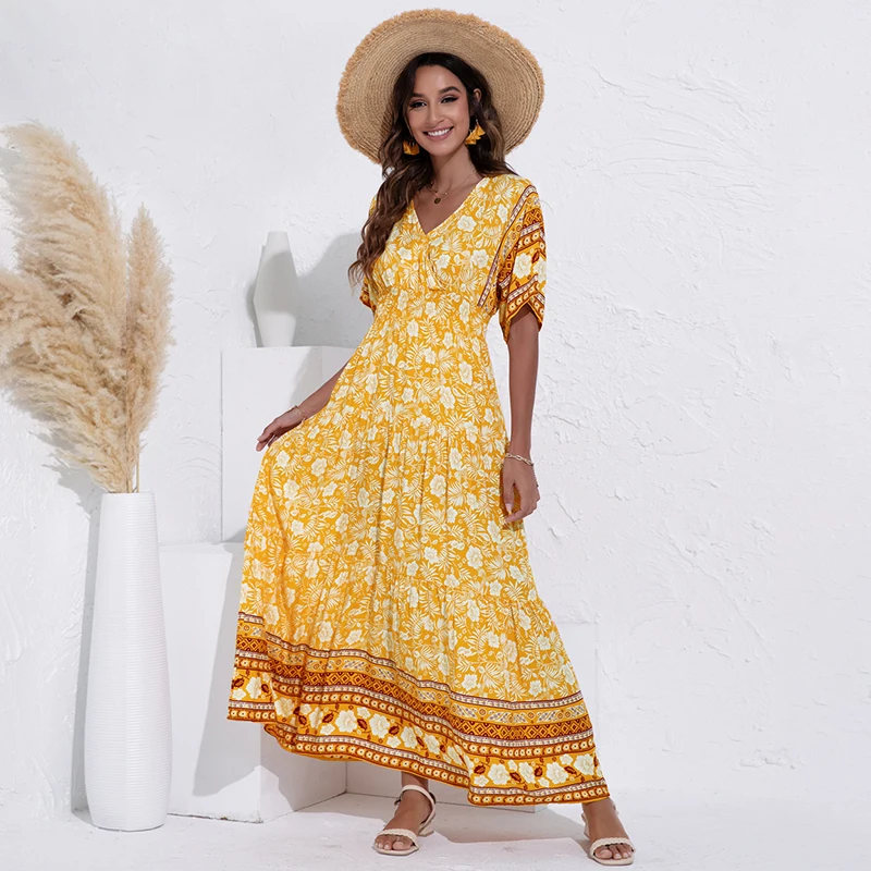 

ATUENDO Summer Bohemian Yellow Dress for Women Fashion Solid Green Satin Soft Maxi Robe Casual Wedding Guest High Waist Dresses