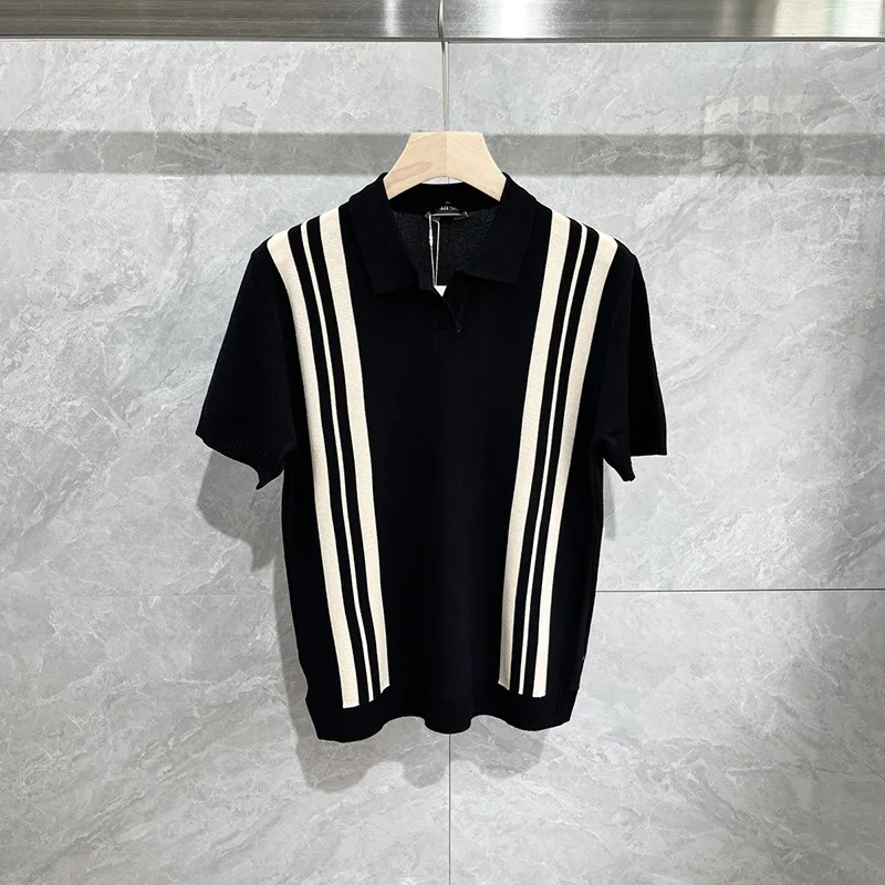 Striped Contrast Lapel Knitted Ice Silk Short Sleeve Polo Shirt