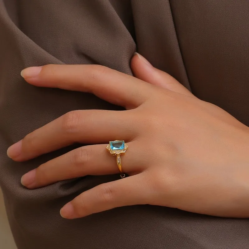 

KR5C Trendy Unique Adjustable Minimalist Woman Rings Luxury Jewelry Blue Zircon Gold Plated Ring
