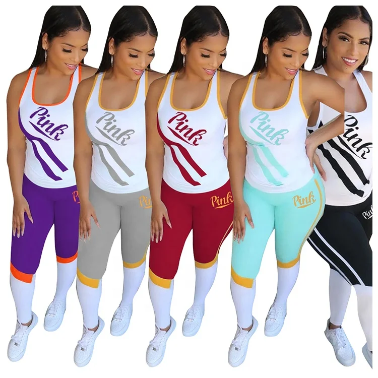 

Fashion Clothing Vest Top And High Waist Pants Workout Yoga Outfits Women Two Pieces Set, Black,red,gray,purple,sky blue