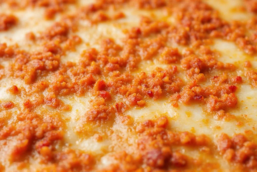 Red crushed pepper sprinkled on pizza with melted cheese and visible pepper fragments