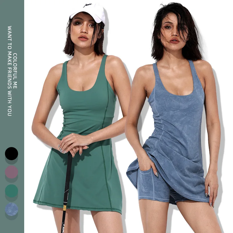 

New Arrival Women Sports yoga Tennis Golf Badminton Wear Built-in Bra Nude Feel Dress and Pocket Shorts casual Yoga Dress