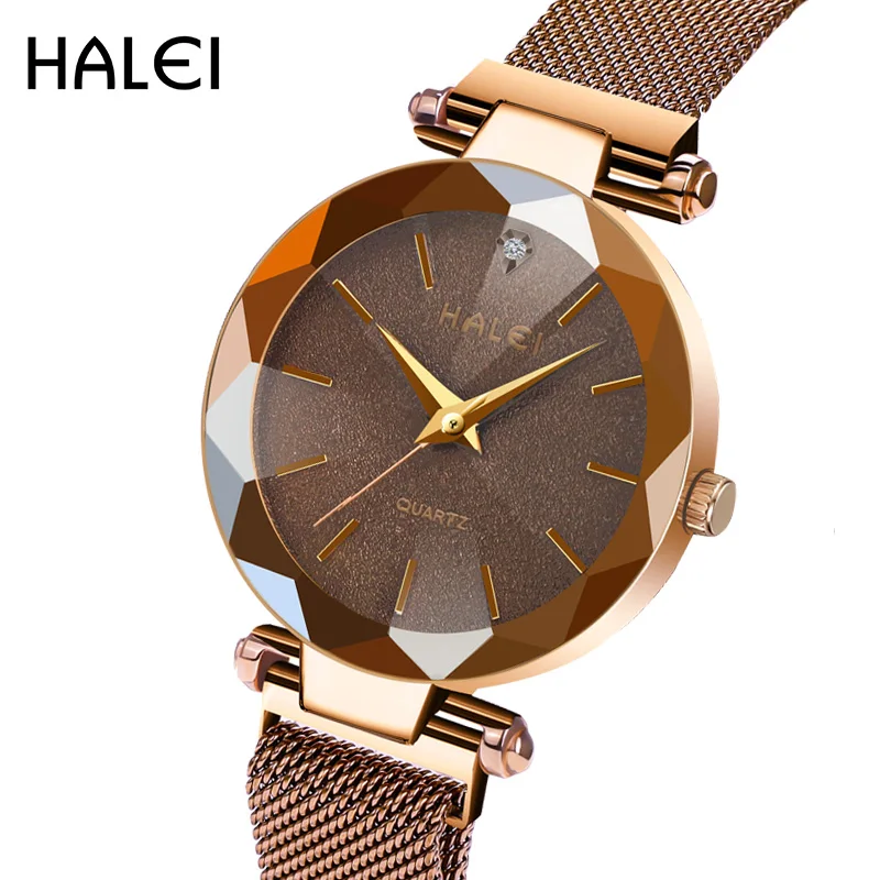 

HALEI New trendy womens watch brand fashion luxury mesh steel belt quartz watch for ladies, Black
