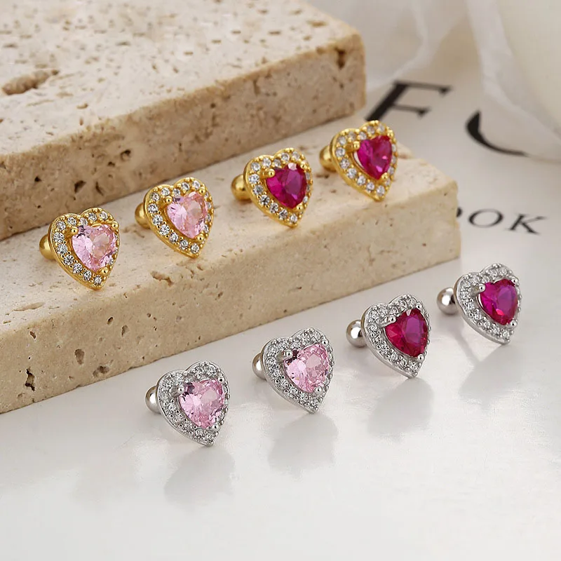 

personalized 925 sterling silver claw setting pink zircon heart cartilage earrings for women wholesale