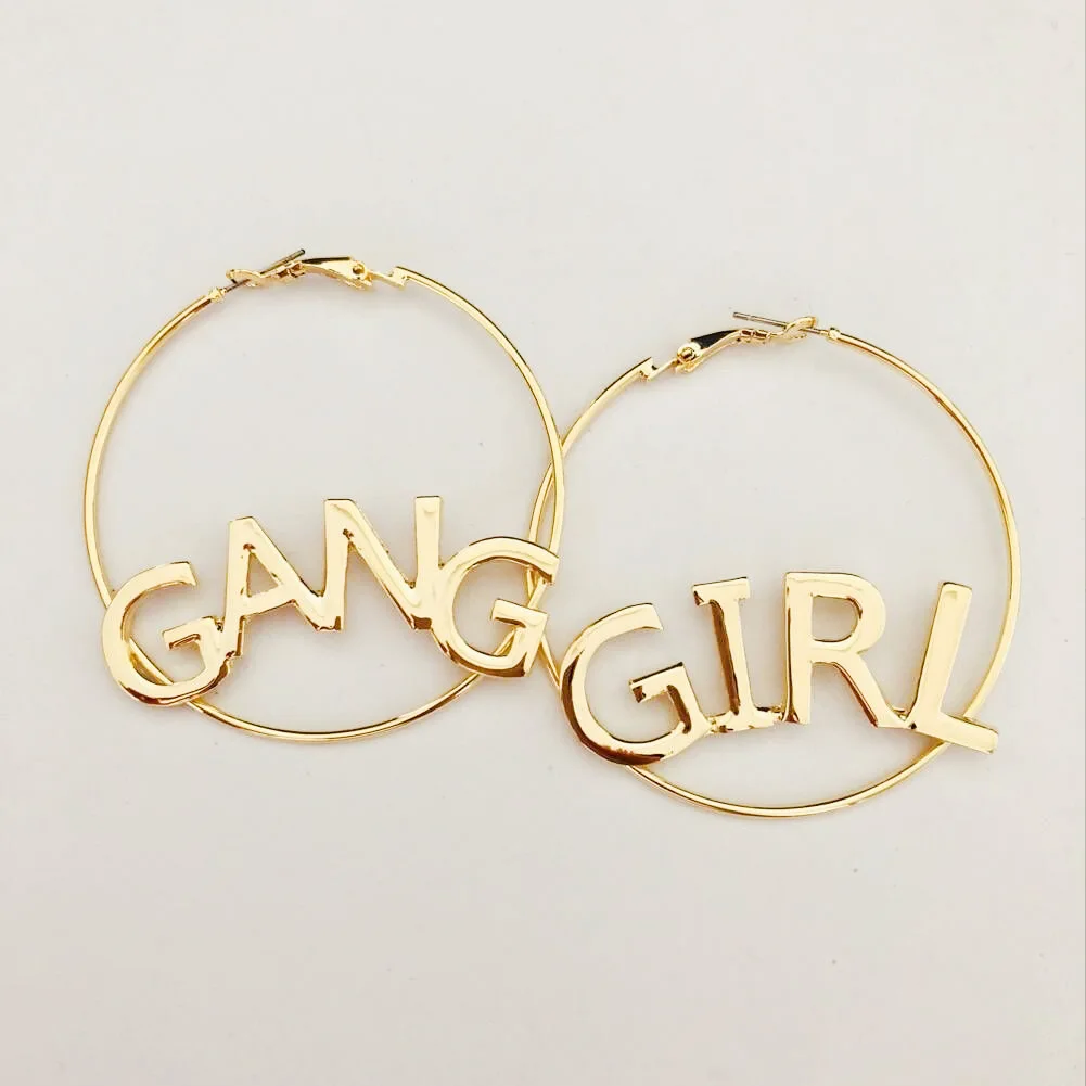 

2021 fashion trendy gang girl baby metal punk retro alphabet hoop earrings big