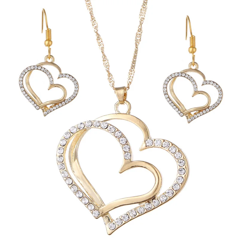 

Drop Shipping Double Heart Hollow Gold Plated Fashion Bridal Wedding Necklace Earrings Amazon Jewelry Sets Wholesale
