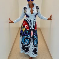 

New Fashion One Piece V Neck Long Sleeve Maxi African Printed Party Women Dress