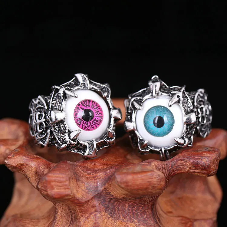 

Fashion Punk Ancient Silver Ring Ins Trendy Retro Skull Devil Eye Punk Stainless Steel Ring for Men, Ancient silver,blue,pink