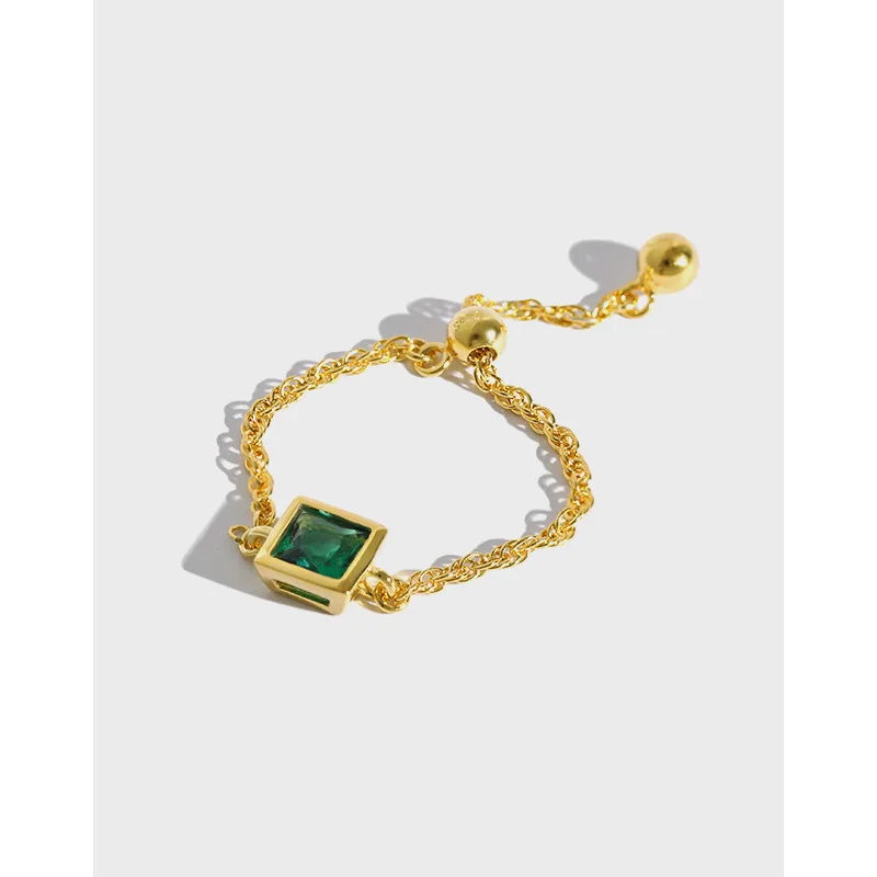 

Personalized Emerald Zircon 925 Sterling Silver Ring S925 Silver Adjustable Link Chain Ring for Women Girls Jewelry
