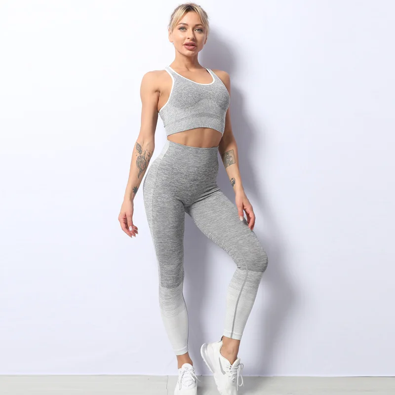 

New Sleevess Striped Leggings Set Sport Wear Women Plus Size Seamless Yoga Set Knitting WorkOut Hip Up Fitness Suit Gym Clothing
