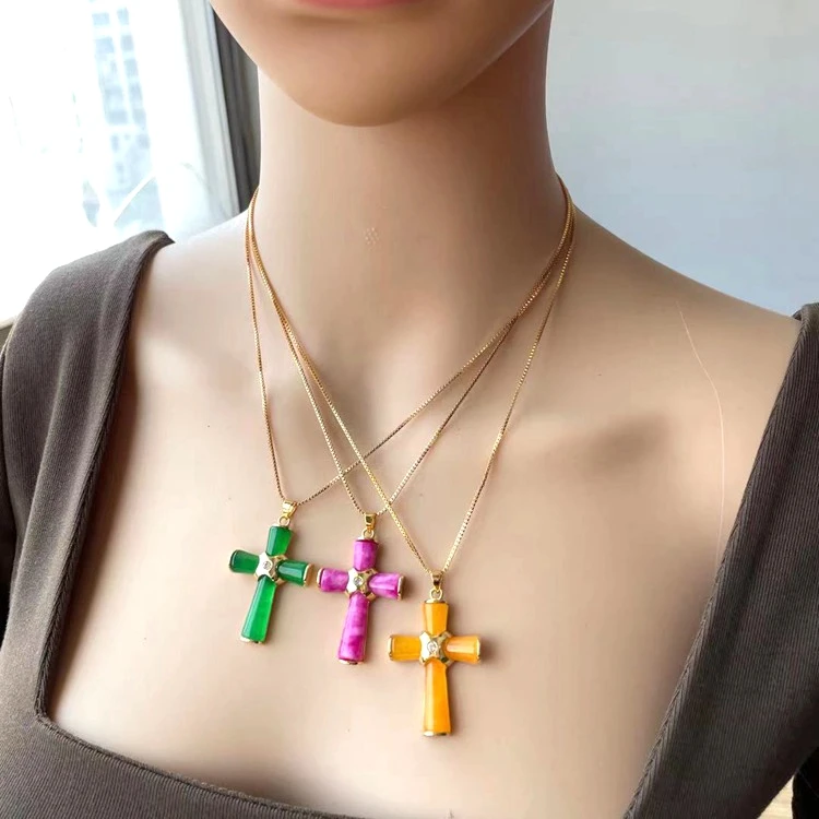 

Luck Charm Jesus Agate Cross Jade Necklaces Crucifix Pendant Jewelry With 18K Yellow Gold Plated Chain, Pink , yellow , green