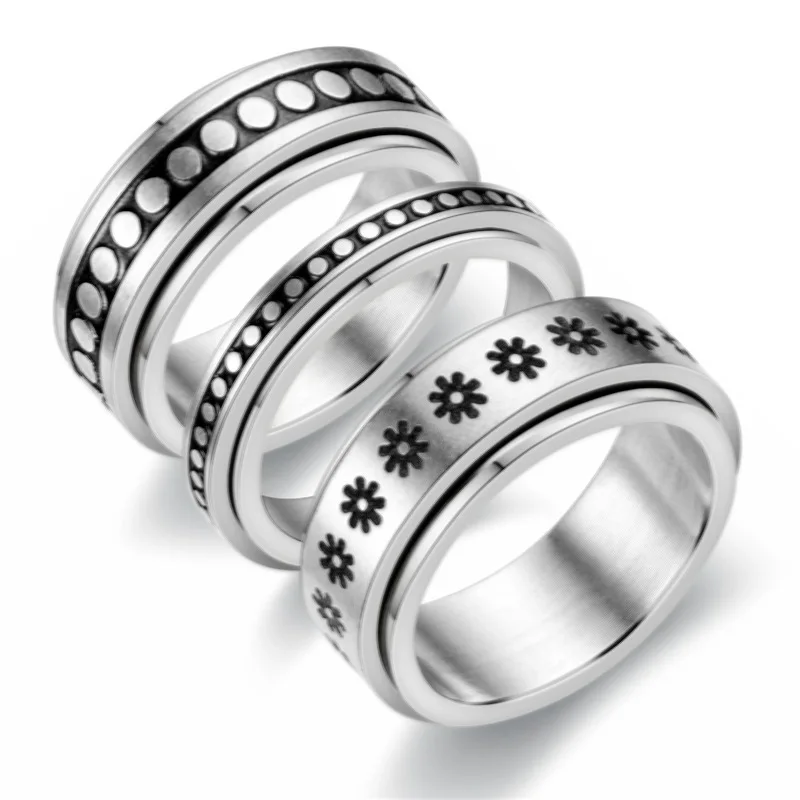 

Hot Selling Fashionable Engraved Star Moon Sun Rings Rotatable Titanium Steel Couple Rings for Men, Gold,silver,black