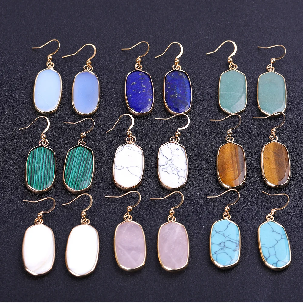 

NUORO Copper Gold Plated Hexagonal Reiki Natural Stone Drop Earrings For Women Pink Quartz Lapis Lazuli Stone Statement Earrings