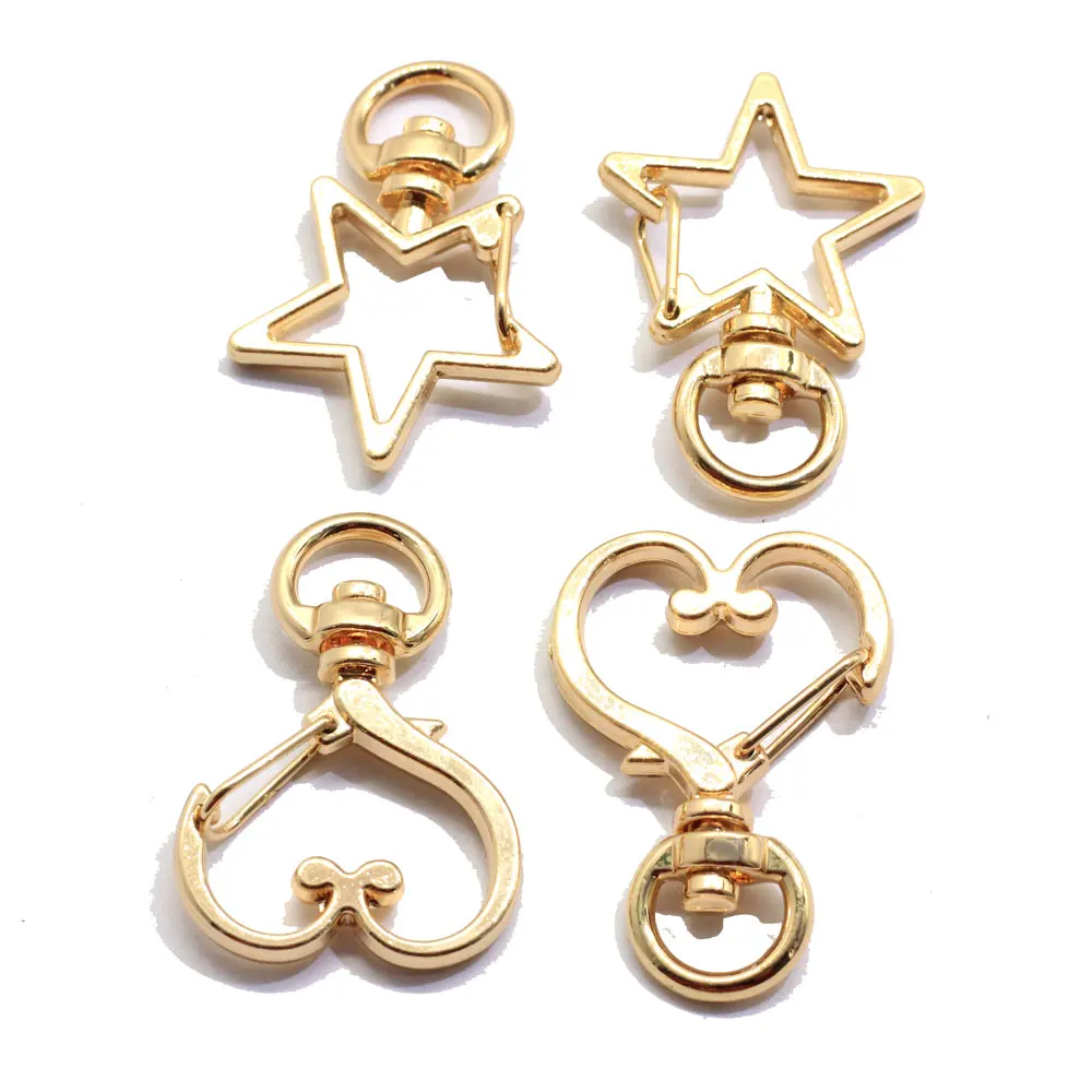 

Charm 100PCS Keyring Star Heart Swivel Gold Plated Key Ring Clasps With Lobster Spring Push Gate Clasp Hook Purse Keychain