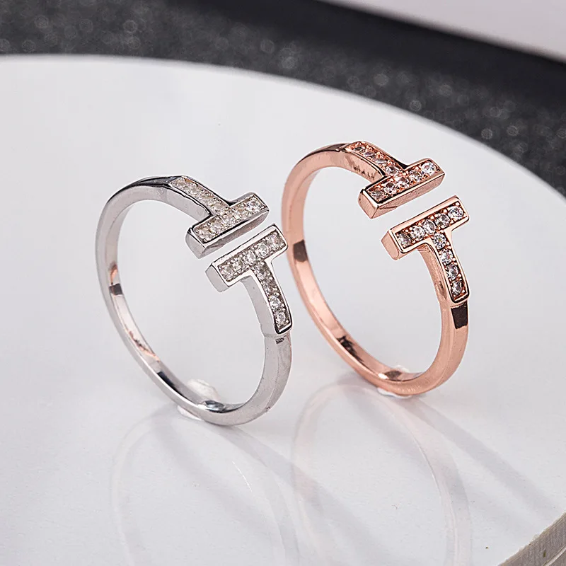 

S925 Sterling Silver Double T Letter Open Silver Ring 18k Rose Gold Plated Ladies Diamond Fashion Ring Women, Silver/rose gold