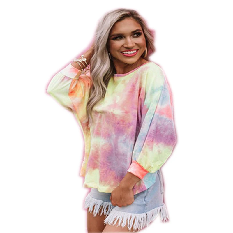 

Summer 2021 leak-back tie-dye printing plus size heavyweight drop-shoulder long-sleeved women's T-shirt