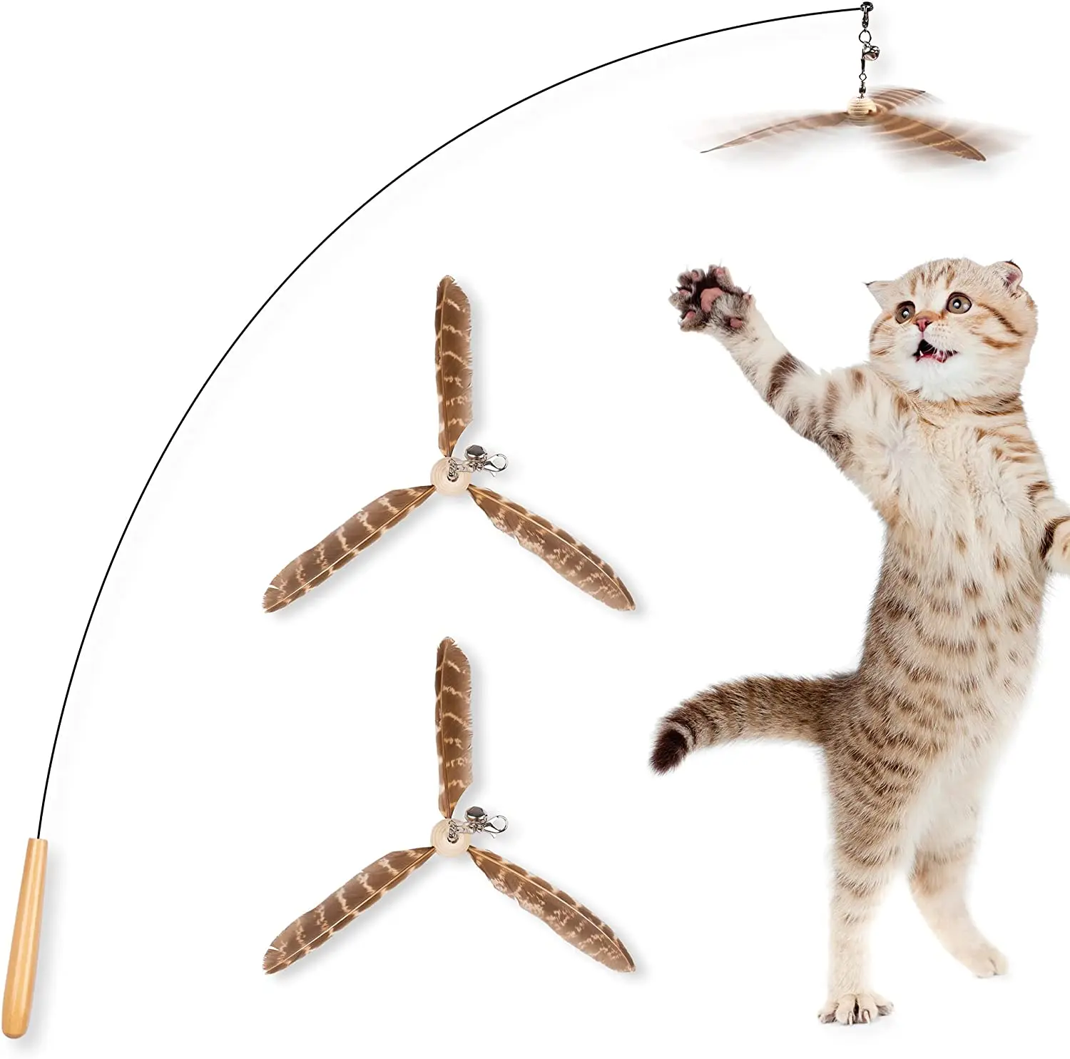 

Cat Wand Toys Interactive with Sturdy Wood Handle & Bell for Kitty String Toy cat feather toy