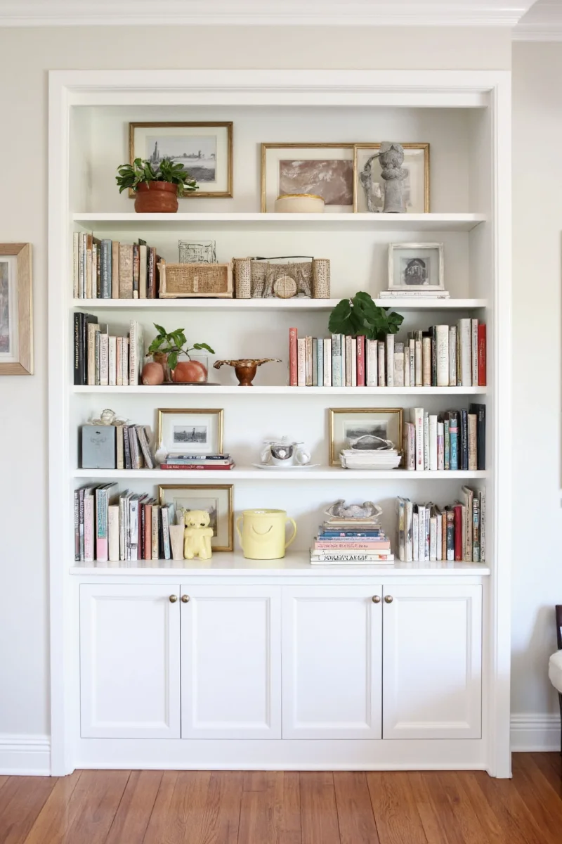 Family room featuring white built-in shelves with children's books and toys organized
