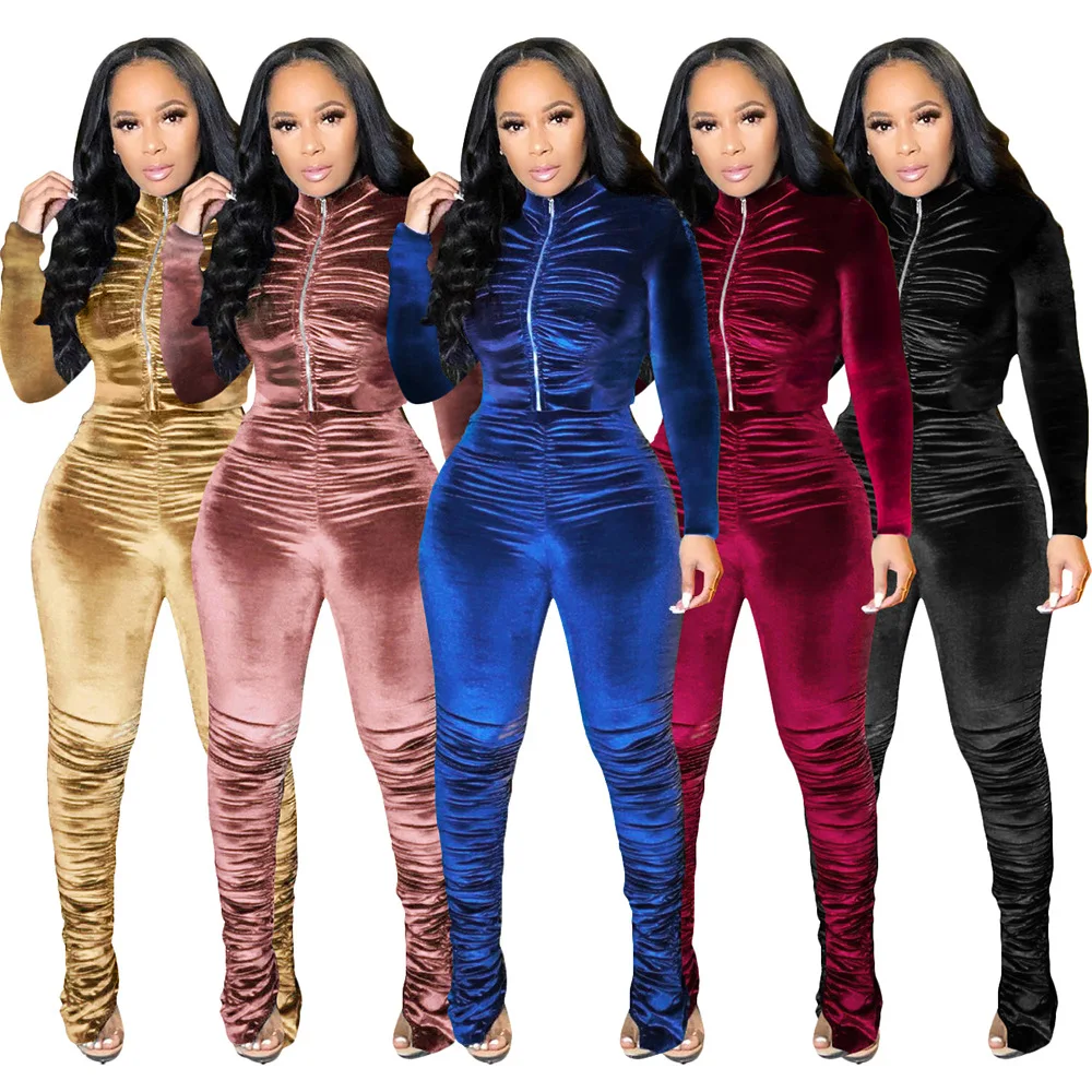 

YINSHI Winter Velvet Warm Ruffles Top Jacket And Tracksuit Stacked Joggers Two Piece Set Matching Jogging Suit For Women Outwear