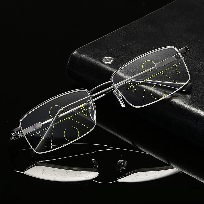 

Multifocal Reading Glasses Metal Progressive Bifocal Anti Blue Ray Half Frame Men