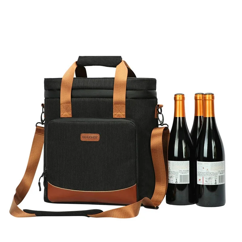 

New Fashion 100% Leakproof Wine Beer Picnic Cooler Bag Vintage Nylon Refrigerator Bag Portable Thermal Bag, Black, gray