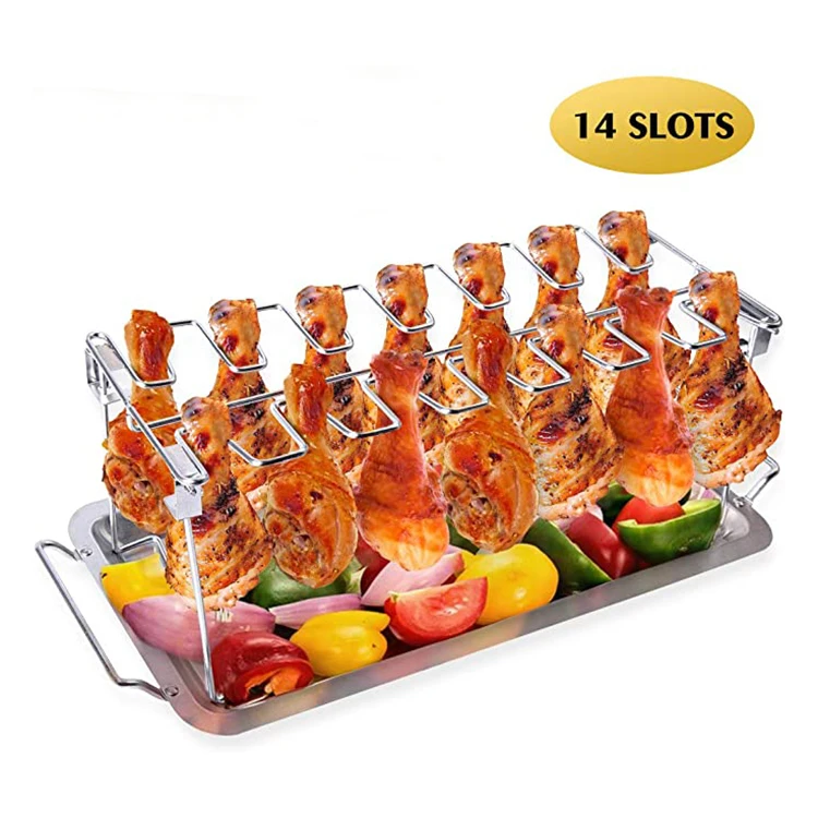 

14 Slots Stainless Steel Vertical Roaster Stand with Drip Pan Foldable Chicken Wing Leg Grill Rack for Grill Smoker or Oven, Silver