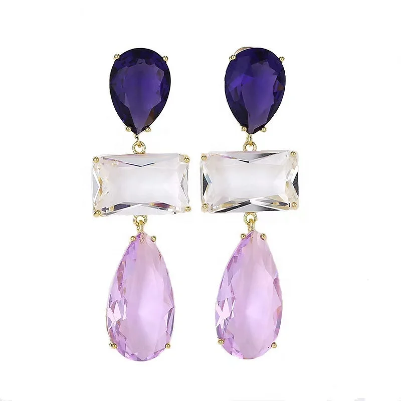 

PUSHI 2021 new European purple earrings long color zircon earrings S925 silver needle hoops earrings zircon jewelry