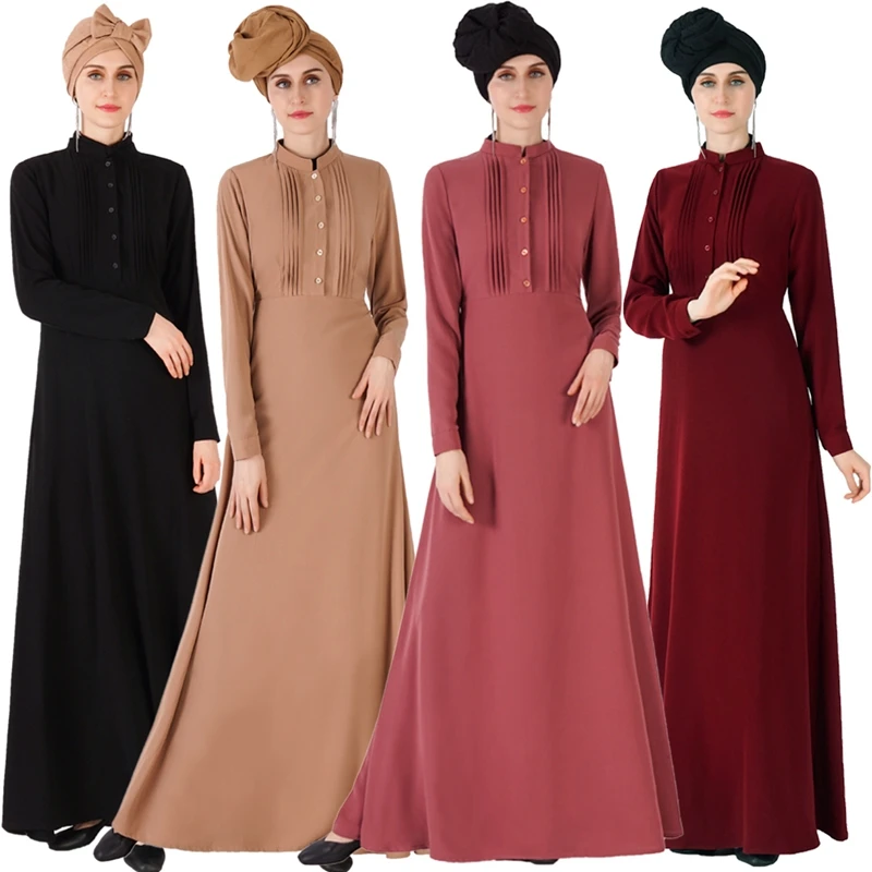 

2020 Latest style solid color abaya Front pleat button design turkish abaya dress, Coffee, black, blue, gray, red, rose red