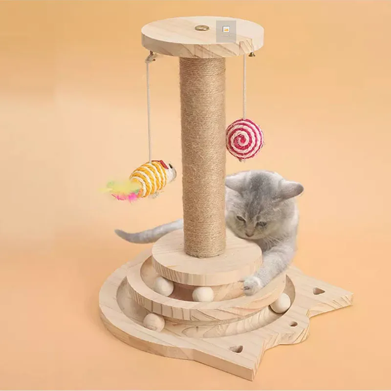 

Amazon Hot Sell Funny Cat Scratcher Toys Manufacturers Interactive Pet Wooden Toy Cat Scratching Post with Balls, Wood