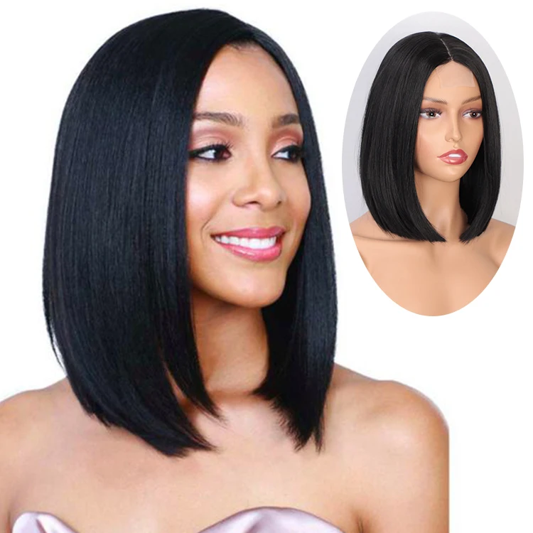

Vigorous High Quality Cheap Price Short Small Part Lace Black Silky Straight Wave For Black Women Synthetic Hair Bob Wigs